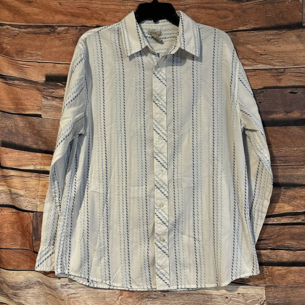 Carbon Jean Co Mens Large Button Down Shirt Blue White Striped Geometric